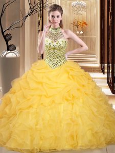 Stylish Halter Top Sleeveless Organza Floor Length Lace Up Vestidos de Damas in Yellow with Beading and Ruffles and Pick Ups