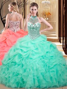 Elegant Apple Green Quinceanera Dresses Military Ball and Sweet 16 and Quinceanera and For with Beading and Ruffles and Pick Ups Halter Top Sleeveless Lace Up