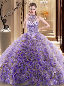 Halter Top Multi-color Lace Up Quinceanera Gowns Beading Sleeveless With Brush Train