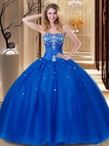 Royal Blue Ball Gowns Tulle Sweetheart Sleeveless Beading and Embroidery Floor Length Lace Up Quinceanera Gown