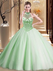 Attractive Brush Train Ball Gowns Ball Gown Prom Dress Apple Green Halter Top Tulle Sleeveless With Train Lace Up