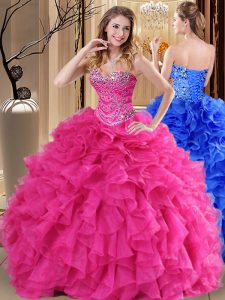 Floor Length Ball Gowns Sleeveless Hot Pink Quinceanera Gown Lace Up