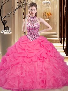 Adorable Halter Top Sleeveless Ball Gown Prom Dress Floor Length Beading and Ruffles and Pick Ups Hot Pink Organza