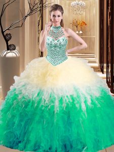 Classical Multi-color Tulle Lace Up Halter Top Sleeveless Floor Length Sweet 16 Dress Beading and Ruffles