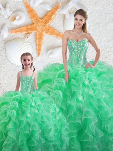 Fitting Sleeveless Organza Floor Length Lace Up Quinceanera Gown in Apple Green with Beading and Ruffles