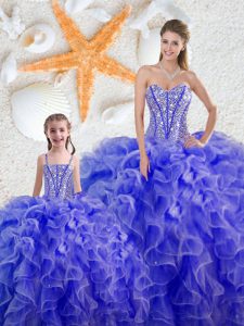 Vintage Sleeveless Floor Length Beading and Ruffles Lace Up Sweet 16 Quinceanera Dress with Blue
