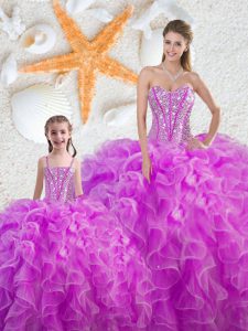 Beading and Ruffles Ball Gown Prom Dress Fuchsia Lace Up Sleeveless Floor Length