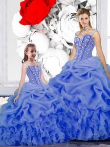 Blue Ball Gowns Organza Straps Sleeveless Beading and Ruffles and Pick Ups Floor Length Lace Up Quinceanera Dresses