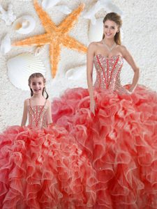 Coral Red Organza Lace Up Sweetheart Sleeveless Floor Length 15th Birthday Dress Beading and Ruffles
