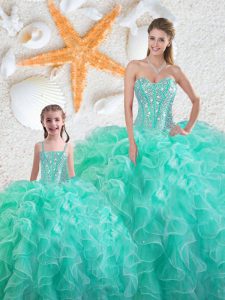 On Sale Turquoise Ball Gowns Organza Sweetheart Sleeveless Beading and Ruffles Floor Length Lace Up Vestidos de Quinceanera