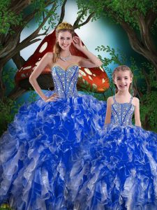 Custom Design Navy Blue Organza Lace Up Sweetheart Sleeveless Floor Length Quince Ball Gowns Beading and Ruffles