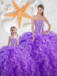 Purple Ball Gowns Beading and Ruffles Quinceanera Gown Lace Up Organza Sleeveless Floor Length