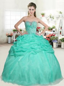 Exquisite Apple Green Ball Gowns Organza Sweetheart Sleeveless Beading and Pick Ups Floor Length Lace Up 15th Birthday Dress