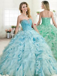 Organza and Taffeta Sweetheart Sleeveless Lace Up Beading and Ruffles Ball Gown Prom Dress in Baby Blue