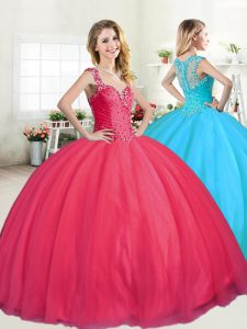 Modest Straps Sleeveless Tulle Floor Length Zipper Quinceanera Gowns in Coral Red with Beading