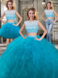 Three Piece Teal Scoop Neckline Beading and Ruffles Sweet 16 Quinceanera Dress Cap Sleeves Backless