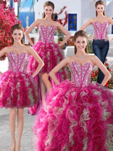Four Piece Organza Sweetheart Sleeveless Lace Up Beading Quinceanera Gown in White and Hot Pink