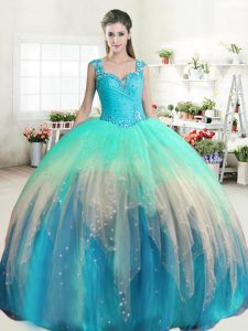 Straps Multi-color Sleeveless Beading and Ruffled Layers Floor Length 15th Birthday Dress