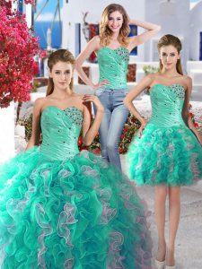 Three Piece Lace Up Quinceanera Gowns White and Turquoise for Military Ball and Sweet 16 and Quinceanera with Beading