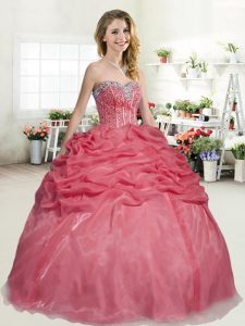 Cheap Pick Ups Floor Length Coral Red Quince Ball Gowns Sweetheart Sleeveless Lace Up