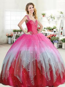 Discount Straps Sleeveless Sweet 16 Dress Floor Length Beading and Ruffled Layers Multi-color Tulle