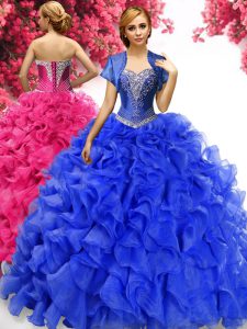 Royal Blue Ball Gowns Organza Sweetheart Sleeveless Beading and Ruffles With Train Lace Up Sweet 16 Quinceanera Dress Sweep Train