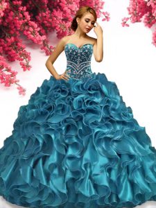 Teal Quinceanera Court of Honor Dress Military Ball and Sweet 16 and Quinceanera and For with Beading and Ruffles Sweetheart Sleeveless Lace Up