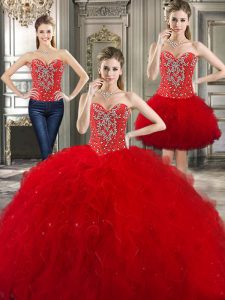 Custom Designed Three Piece Sleeveless Lace Up Floor Length Beading and Ruffles 15 Quinceanera Dress