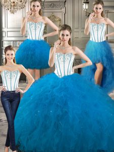 Nice Four Piece Baby Blue Lace Up Vestidos de Quinceanera Embroidery and Ruffles Sleeveless Floor Length