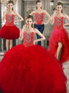 Pretty Four Piece Red Tulle Lace Up Vestidos de Quinceanera Sleeveless Floor Length Beading and Ruffles