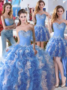 Exquisite Four Piece Sweetheart Sleeveless 15th Birthday Dress Floor Length Beading Blue And White Organza