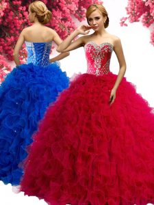 Red Sleeveless Floor Length Beading and Ruffles Lace Up Ball Gown Prom Dress