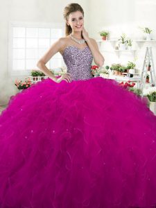 Designer Sleeveless Floor Length Beading and Ruffles Lace Up Quinceanera Dress with Fuchsia