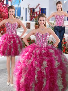 Three Piece White and Hot Pink Organza Lace Up Sweet 16 Dress Sleeveless Floor Length Beading