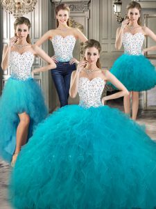 Dramatic Four Piece Sweetheart Sleeveless Tulle Sweet 16 Dress Beading and Ruffles Lace Up