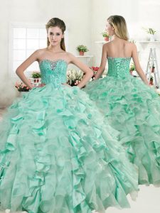 Apple Green Ball Gowns Sweetheart Sleeveless Organza and Taffeta Floor Length Lace Up Beading and Ruffles Quinceanera Dress