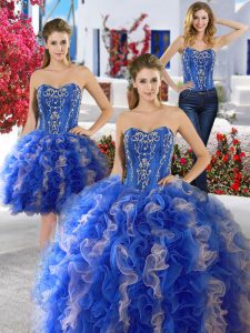 Custom Design Three Piece Sleeveless Floor Length Beading Lace Up Quince Ball Gowns with Blue