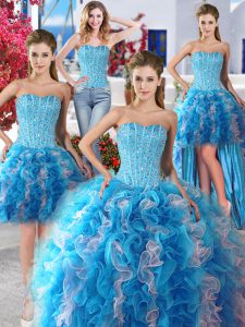 Pretty Four Piece White and Baby Blue Ball Gowns Sweetheart Sleeveless Organza Floor Length Lace Up Beading 15th Birthday Dress