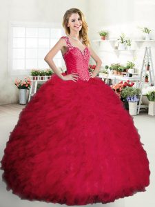 Straps Beading and Ruffles 15 Quinceanera Dress Coral Red Zipper Sleeveless Floor Length
