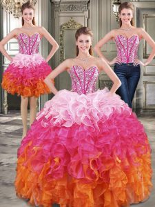 Decent Three Piece Multi-color Sleeveless Organza Lace Up Sweet 16 Dresses for Military Ball and Sweet 16 and Quinceanera
