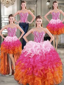 Modern Four Piece Multi-color Lace Up Sweetheart Beading Sweet 16 Dress Organza Sleeveless