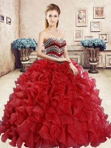 Fitting Sweetheart Sleeveless Quince Ball Gowns Floor Length Beading and Ruffles Red Organza