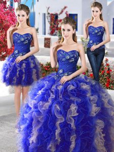 Three Piece Ball Gowns Sweet 16 Dresses Blue Sweetheart Organza Sleeveless Floor Length Lace Up