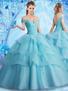 Fantastic Off The Shoulder Sleeveless Quinceanera Dresses With Brush Train Beading and Ruffled Layers Aqua Blue Organza