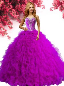Fuchsia Ball Gowns Sweetheart Sleeveless Tulle Floor Length Lace Up Beading and Ruffles Vestidos de Quinceanera