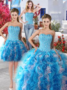 Amazing Three Piece White and Baby Blue Quinceanera Dress Military Ball and Sweet 16 and Quinceanera and For with Beading Sweetheart Sleeveless Lace Up