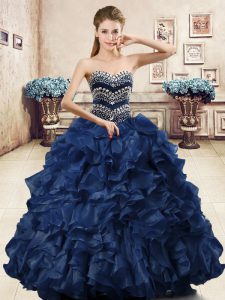 Sweetheart Sleeveless Lace Up Quince Ball Gowns Navy Blue Organza
