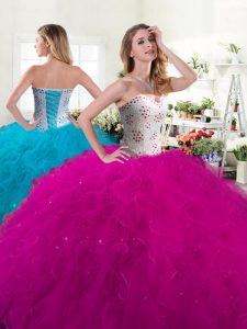 Ball Gowns Quinceanera Dress Fuchsia Sweetheart Tulle Sleeveless Floor Length Lace Up