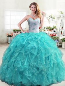 Graceful Beading and Ruffles Quinceanera Gown Aqua Blue Lace Up Sleeveless Floor Length