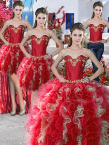 Popular Four Piece Red Sleeveless Beading Floor Length 15 Quinceanera Dress